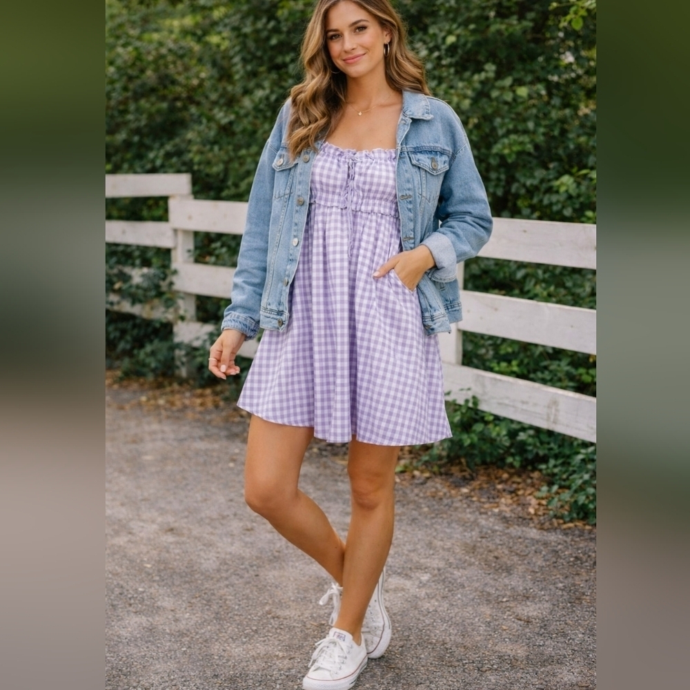 🤩 NWT Buddy Love Purple Gingham Mini Dress Size Small - Picture 12 of 13